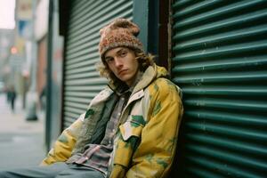 een jong Mens vervelend een hoed en jasje zittend Aan de trottoir generatief ai foto