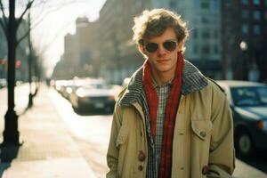 een jong Mens vervelend zonnebril en een loopgraaf jas Aan een stad straat generatief ai foto