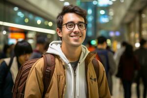 een jong Mens met bril en een rugzak in een luchthaven generatief ai foto