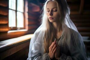 een jong vrouw in een wit jurk is bidden generatief ai foto