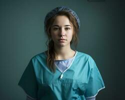 een jong vrouw in scrubs is op zoek Bij de camera generatief ai foto