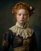 een jong vrouw met rood haar- in een oud fashioned jurk generatief ai foto