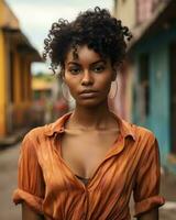 een Afrikaanse Amerikaans vrouw in een oranje overhemd generatief ai foto