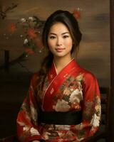 een Aziatisch vrouw in een kimono zittend Aan een stoel generatief ai foto