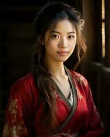 een Aziatisch vrouw in een rood kimono generatief ai foto