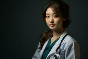 een Aziatisch vrouw in een wit jas en stethoscoop generatief ai foto