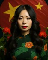 een Aziatisch vrouw in voorkant van een Chinese vlag generatief ai foto