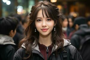 een Aziatisch vrouw met lang haar- en oorbellen generatief ai foto