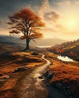 een herfst landschap met een boom en een weg generatief ai foto
