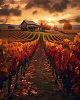 een herfst wijngaard met een huis in de achtergrond generatief ai foto