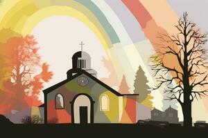 een illustratie van een kerk met een regenboog in de achtergrond generatief ai foto