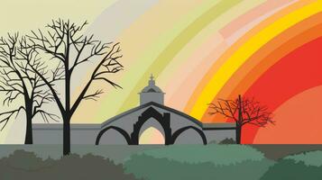 een illustratie van een kerk met bomen en een regenboog in de achtergrond generatief ai foto