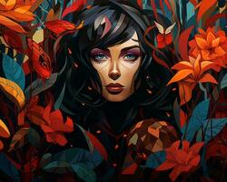 een illustratie van een vrouw omringd door kleurrijk bloemen generatief ai foto