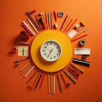 een beeld van een klok omringd door divers voorwerpen Aan een oranje achtergrond generatief ai foto