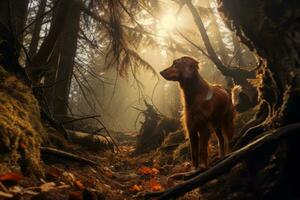 een Iers setter staand in de bossen met de zon schijnend door de bomen generatief ai foto