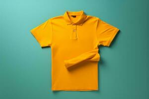 een oranje polo overhemd Aan een blauw achtergrond generatief ai foto