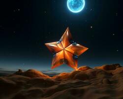een oranje ster in de lucht met een vol maan in de achtergrond generatief ai foto