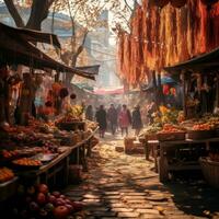 een buitenshuis markt met mensen wandelen door het generatief ai foto