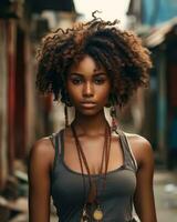 mooi Afrikaanse Amerikaans vrouw met afro haar- generatief ai foto
