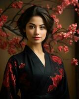 mooi Aziatisch vrouw in zwart kimono poseren in voorkant van kers bloesem boom generatief ai foto