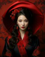 mooi Aziatisch vrouw in rood kimono en rood hoed generatief ai foto