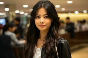 mooi Aziatisch vrouw met lang zwart haar- in een luchthaven generatief ai foto