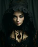mooi gotisch vrouw met donker ogen en lang zwart haar- generatief ai foto