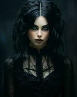 mooi gotisch vrouw met zwart haar- en blauw ogen generatief ai foto