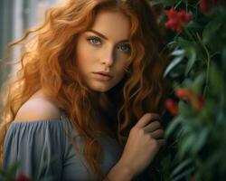 mooi rood haren vrouw met blauw ogen en lang rood haar- generatief ai foto