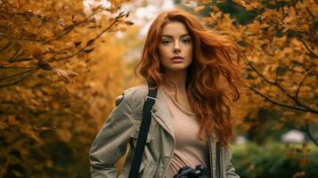 mooi rood haren vrouw met camera in herfst park generatief ai foto