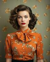 mooi retro vrouw in bloemen afdrukken blouse en rood lippenstift generatief ai foto