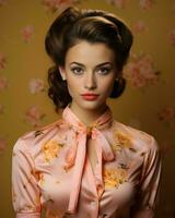 mooi vrouw in roze bloemen blouse en boog stropdas generatief ai foto