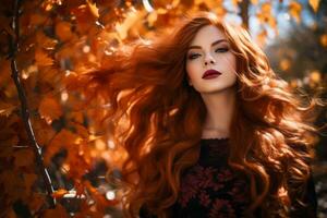 mooi vrouw met rood haar- in herfst bladeren generatief ai foto