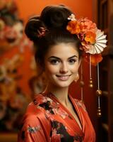 mooi jong vrouw in oranje kimono poseren voor de camera generatief ai foto