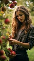 mooi jong vrouw plukken appels in een appel boomgaard generatief ai foto
