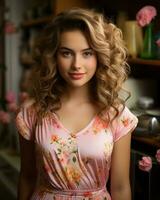 mooi jong vrouw met gekruld haar- in een bloemen jurk generatief ai foto
