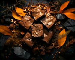 chocola brownies met herfst bladeren en noten Aan een zwart achtergrond generatief ai foto