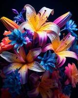 kleurrijk bloemen zijn geregeld in een vaas Aan een zwart achtergrond generatief ai foto