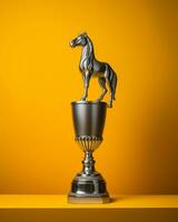 paard trofee Aan geel achtergrond 3d renderen voorraad foto generatief ai