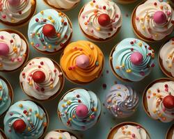 veel kleurrijk cupcakes zijn geregeld in een cirkel generatief ai foto