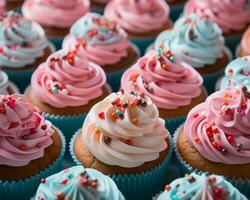 veel cupcakes met roze en blauw glimmertjes generatief ai foto