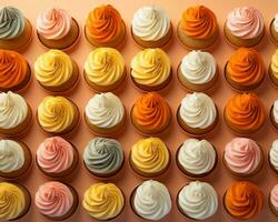 veel verschillend gekleurde cupcakes zijn geregeld in een rij generatief ai foto