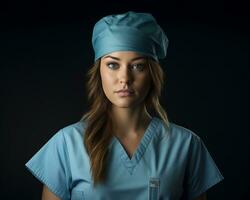 portret van een mooi jong vrouw verpleegster in blauw schrobben pak geïsoleerd Aan zwart achtergrond voorraad foto generatief ai