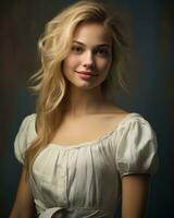 portret van een mooi jong vrouw in een wit jurk Aan een donker achtergrond generatief ai foto