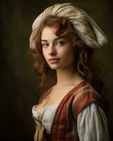 portret van een mooi jong vrouw in Renaissance kostuum generatief ai foto