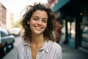portret van een mooi jong vrouw glimlachen Aan de straat in nieuw york stad generatief ai foto