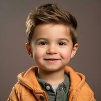 portret van een schattig weinig jongen in een oranje jasje Aan een grijs achtergrond generatief ai foto