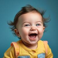 portret van een gelukkig baby lachend Aan een blauw achtergrond generatief ai foto