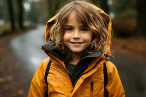 portret van een weinig meisje vervelend een oranje regenjas Aan een regenachtig dag generatief ai foto