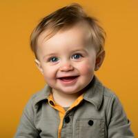 portret van een glimlachen baby jongen Aan een oranje achtergrond generatief ai foto